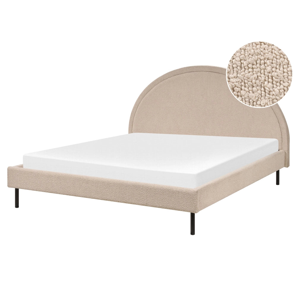 Letto matrimoniale in poliestere bouclè beige imbottito con base a doghe e testiera rotonda 160 x 200 cm minimalista retrò