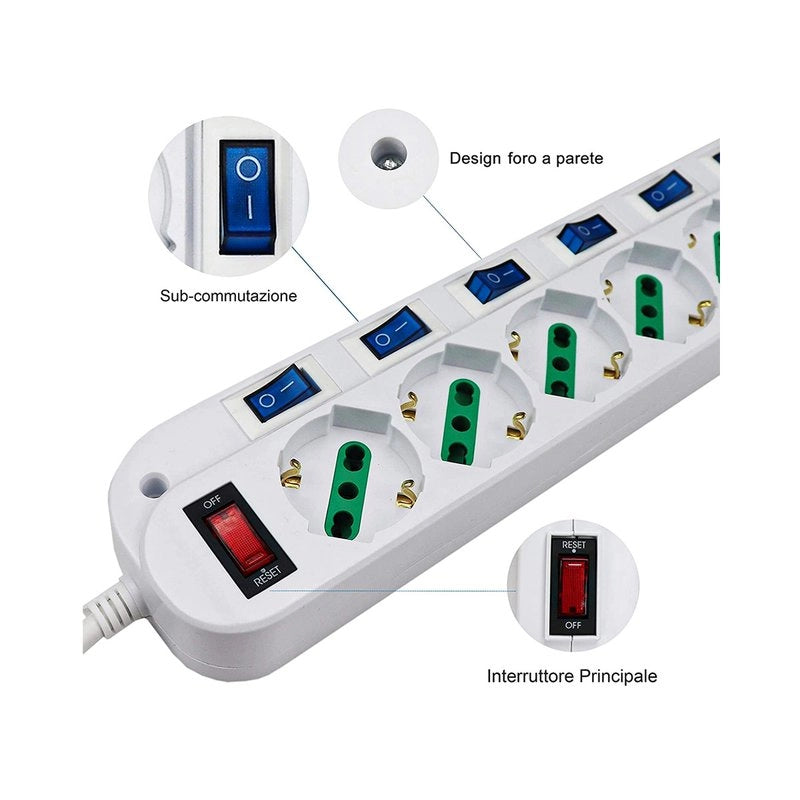 Multipresa Ciabatta Elettrica Con 6 Posti Prese Schuko 10/16A + 7 Interruttori Spina 10A Piccola Tipo L Cavo Da 1,5 Metri