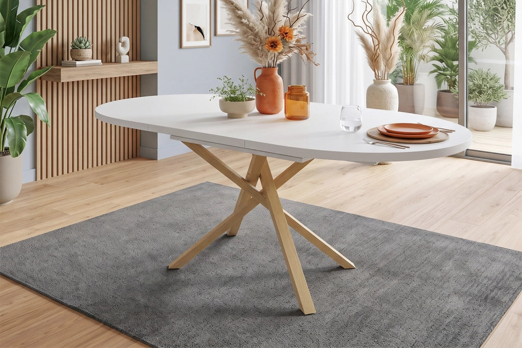 Tavolo da pranzo allungabile 100/140×100 cm, design moderno con base incrociata, bianco effetto legno
