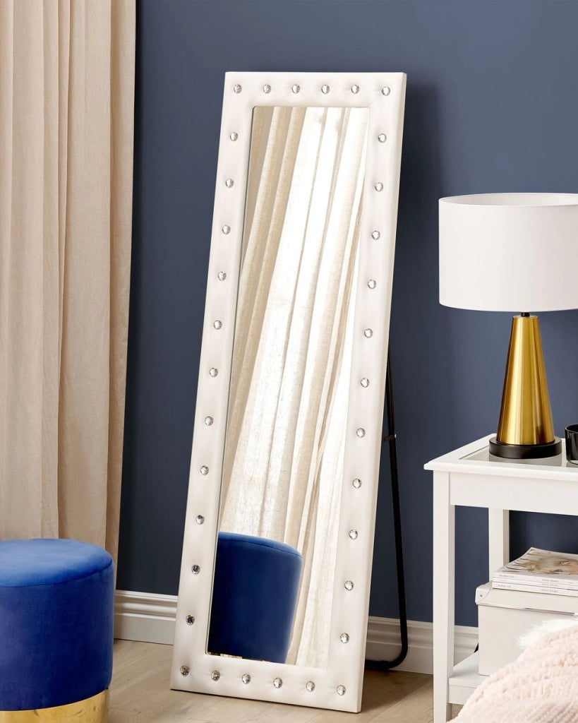 Specchio da pavimento in pelle sintetica bianca 50 x 150 cm cornice decorativa strass con supporto glamour da appendere per armadio camera da letto soggiorno