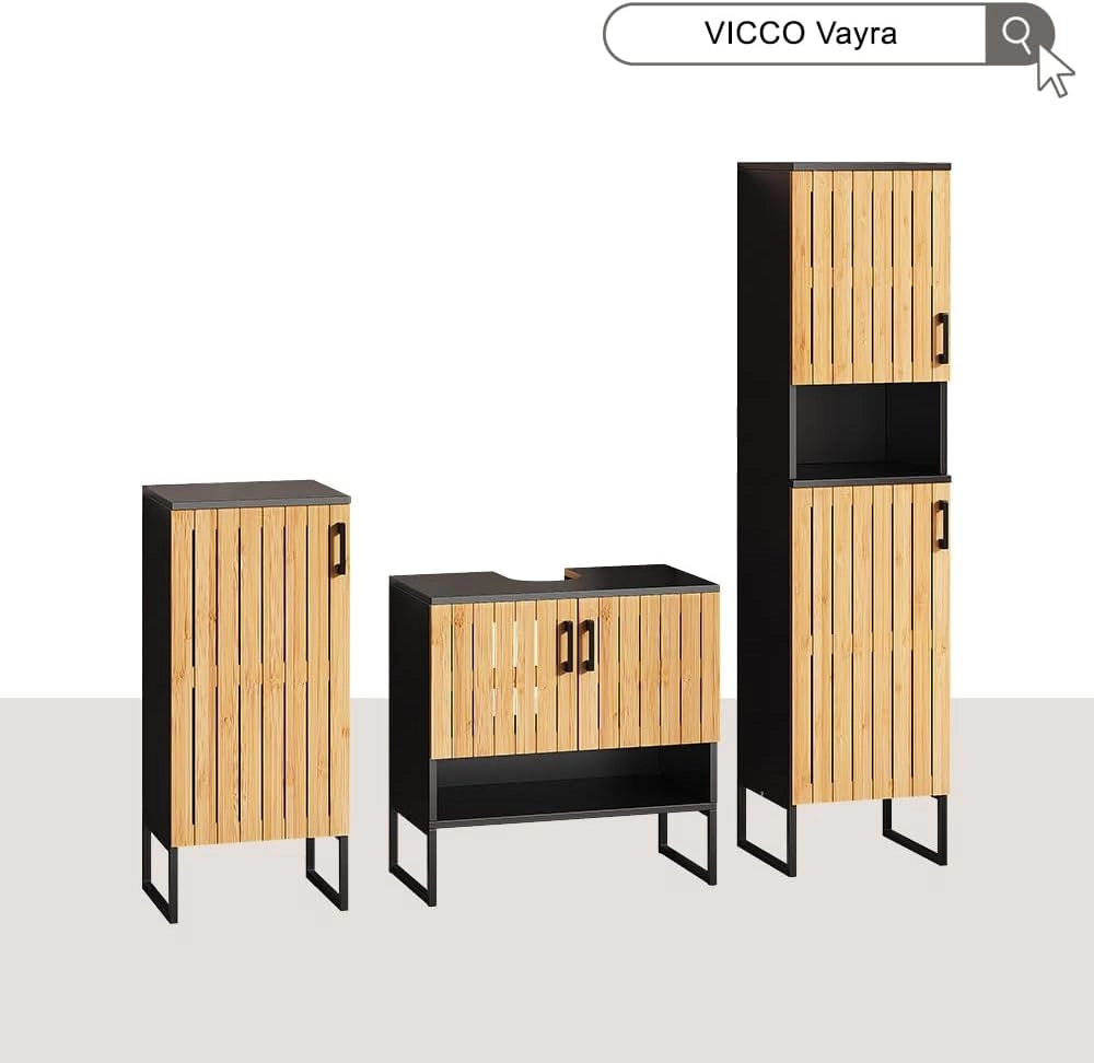 Set di mobili da bagno Vayra, Bambù, 60 cm, composto da mobile sottolavabo, specchiera e mobile medio