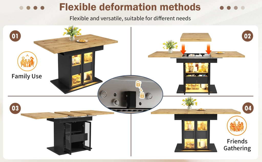 Tavolo da pranzo allungabile con 2 cassetti ripiani regolabili ante in vetro e LED RGB per cucina e sala da pranzo nero