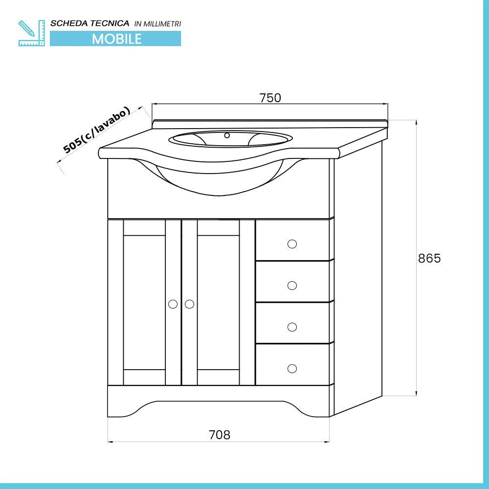 Mobile bagno a terra 75 cm bianco decape con lavabo e specchio Romantica