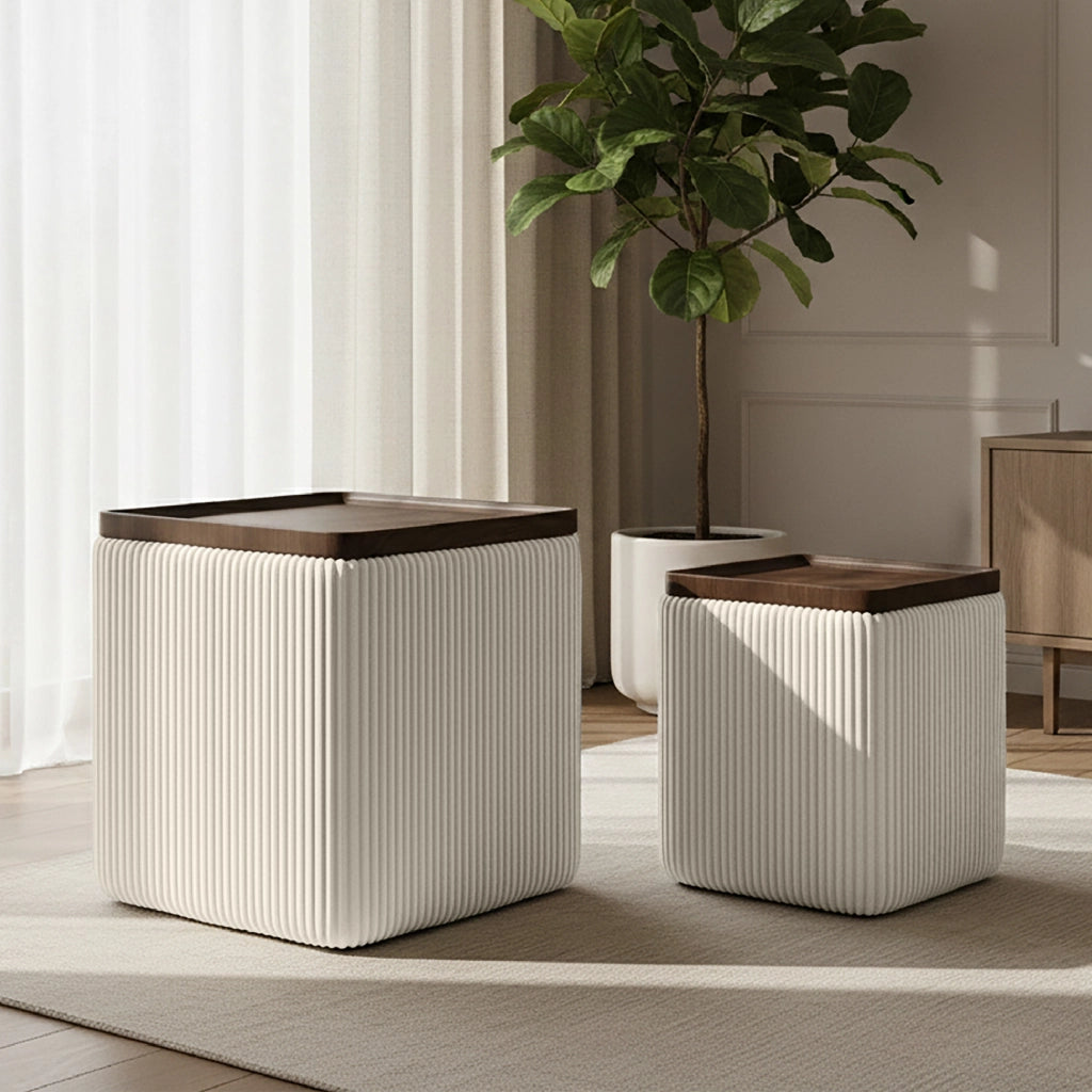 Set 2 Pouf Contenitore Quadrati in Velluto con Coperchio in Legno, Tavolino da Salotto Moderno, Pouf Contenitore Salvaspazio, Seduta Imbottita, Pouf Poggiapiedi Beige
