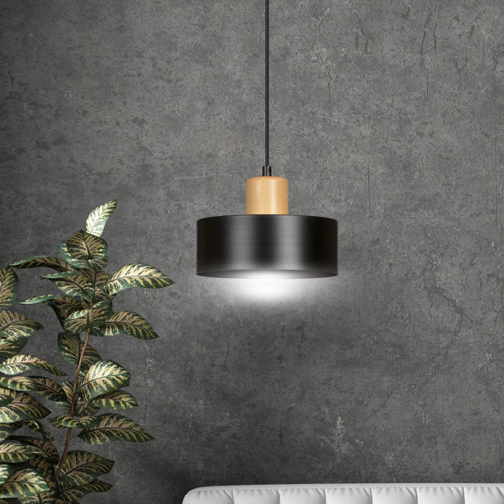 Sospensione Nordica 1 Luce Surya In Acciaio Nero E Legno