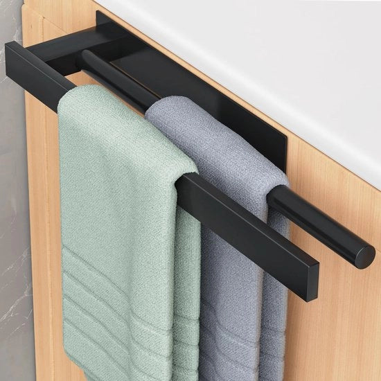 Supporto asciugamano senza forare - Supporto asciugamano a due braccia, supporto asciugamano in acciaio inossidabile 304 per bagni, camere da letto e cucine, nero