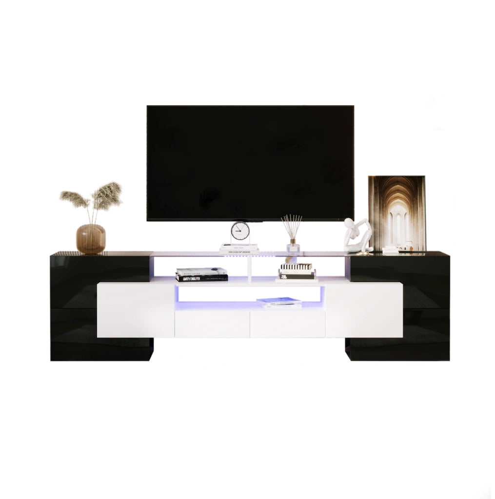 Mobile TV con LED multicolore, 4 ante e 2 cassetti, nero e bianco, 200 cm