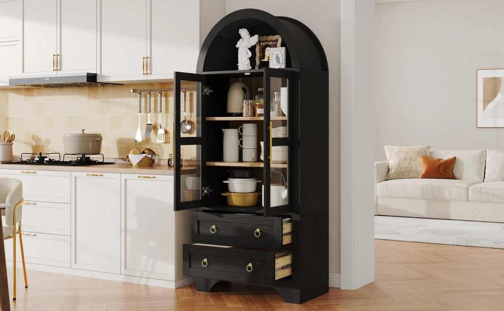 Credenza alta con 2 ante in vetro, 2 cassetti e 2 ripiani regolabili, per cucina, nero, 76.2 × 40.1 × 180 cm