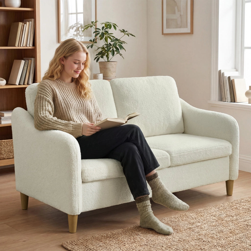 Divano 2 Posti Moderno con Cuscini Spessi e Rivestimento Sherpa, 137x69x82 cm, Crema