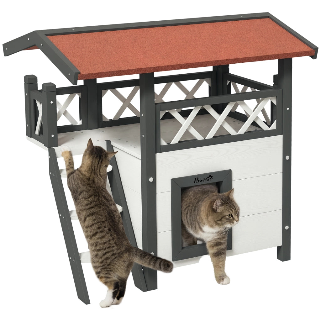 Casetta per gatti con scala e terrazza ¨C zephmum ¨C 77x50x73 cm bianco e rosso