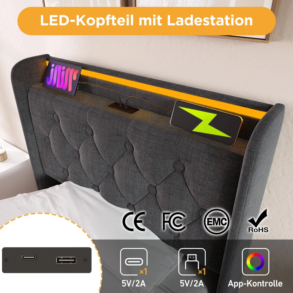 LETTO 90x200 cm in lino grigio con LED, USB Type-C e testiera imbottita