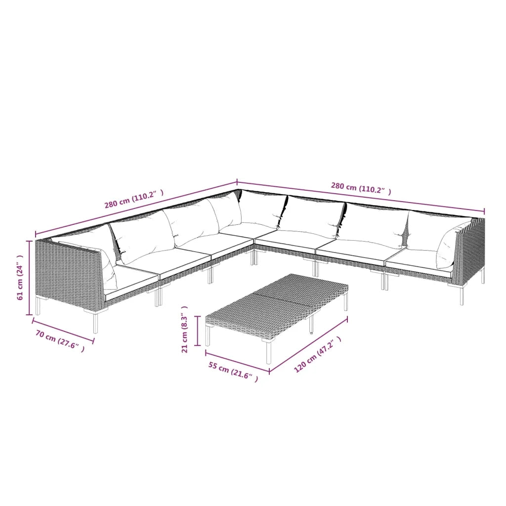 Set Divani Giardino 8 pz con Cuscini in Polyrattan Grigio Scuro cod mxl 41128