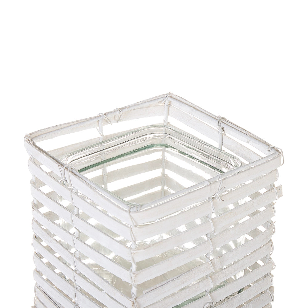 Set di 3 portacandele in legno di pioppo bianco portacandele in vetro di varie dimensioni design boho quadrato alto