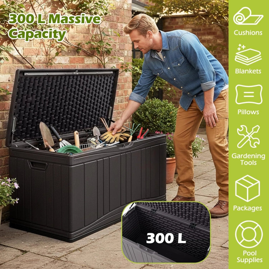 Scatola da giardino impermeabile con coperchio, 300 l, contenitore per cuscini in plastica, contenitore XXL per cuscini, attrezzi da giardino e giocattoli per bambini (marrone)