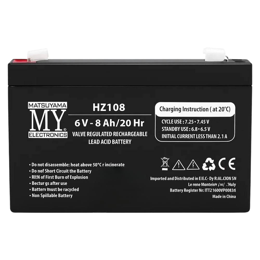 Batteria piombo 6v 8ah agm matsuyama hz108 sigillata faston 4.8mm