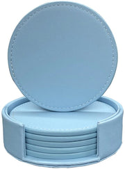 Set di 6 supporti in pelle con cuciture - Protezione per tavolo e scrivania - Duraturo, antiscivolo - Ideale per tazze da caffè in vetro e tazze - 10 cm (cuciture azzurre chiaro)