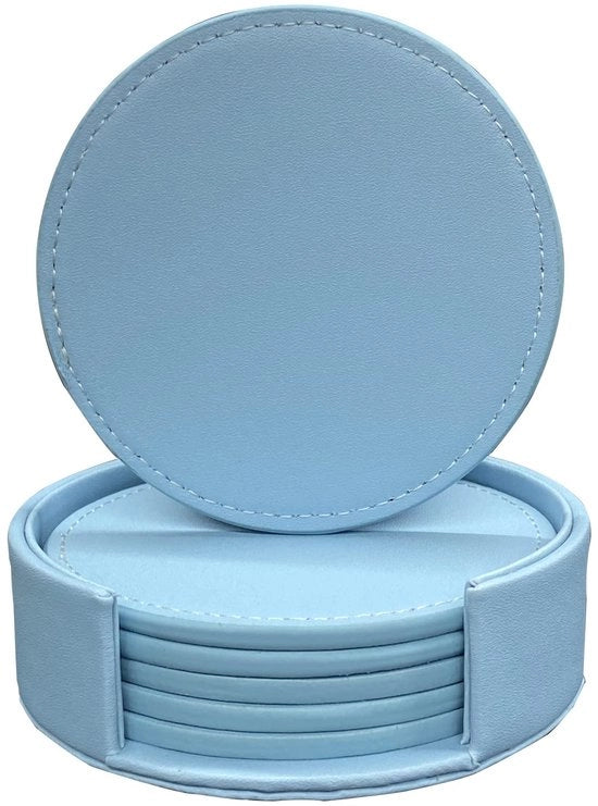 Set di 6 supporti in pelle con cuciture - Protezione per tavolo e scrivania - Duraturo, antiscivolo - Ideale per tazze da caffè in vetro e tazze - 10 cm (cuciture azzurre chiaro)