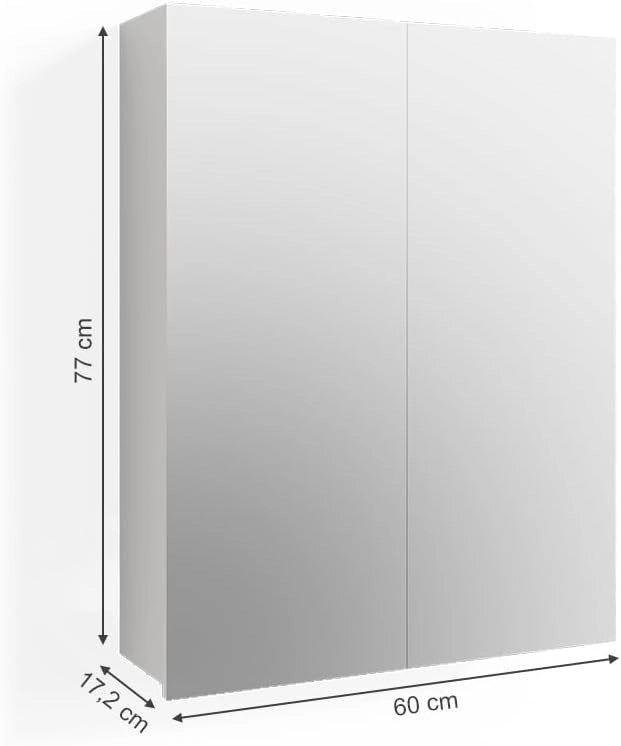 Specchio contenitore bagno Fredd, Bianco lucido, 60 x 77 cm, a parete con due ripiani interni regolabili
