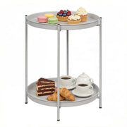 Tavolino da caffè rotondo con 2 ripiani e vassoi estraibili; per soggiorno; in metallo; 44×44×53 cm; grigio chiaro