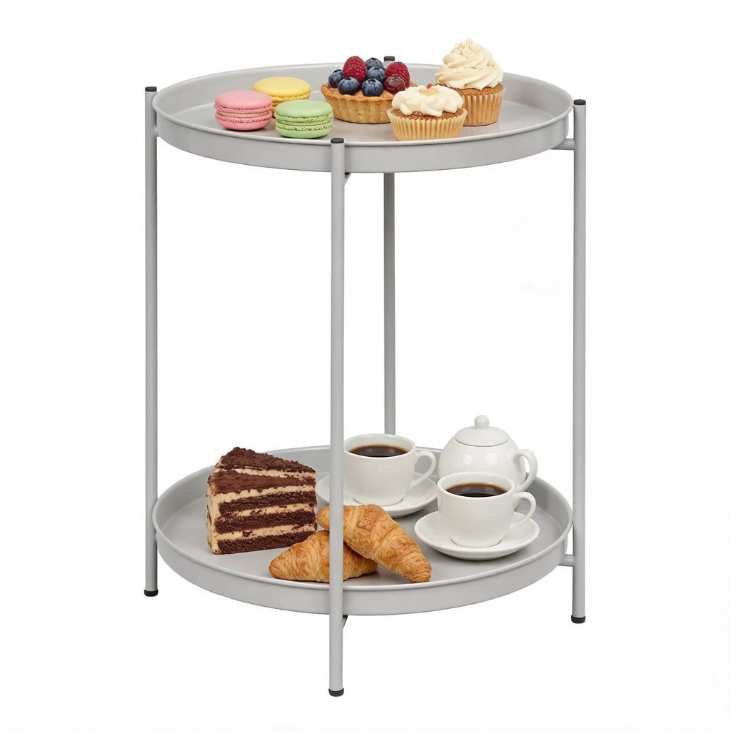 Tavolino da caffè rotondo con 2 ripiani e vassoi estraibili; per soggiorno; in metallo; 44×44×53 cm; grigio chiaro