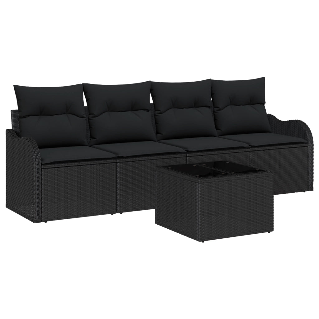 Set Divano da Giardino di 5 Pezzi con Cuscini Polyrattan Nero
