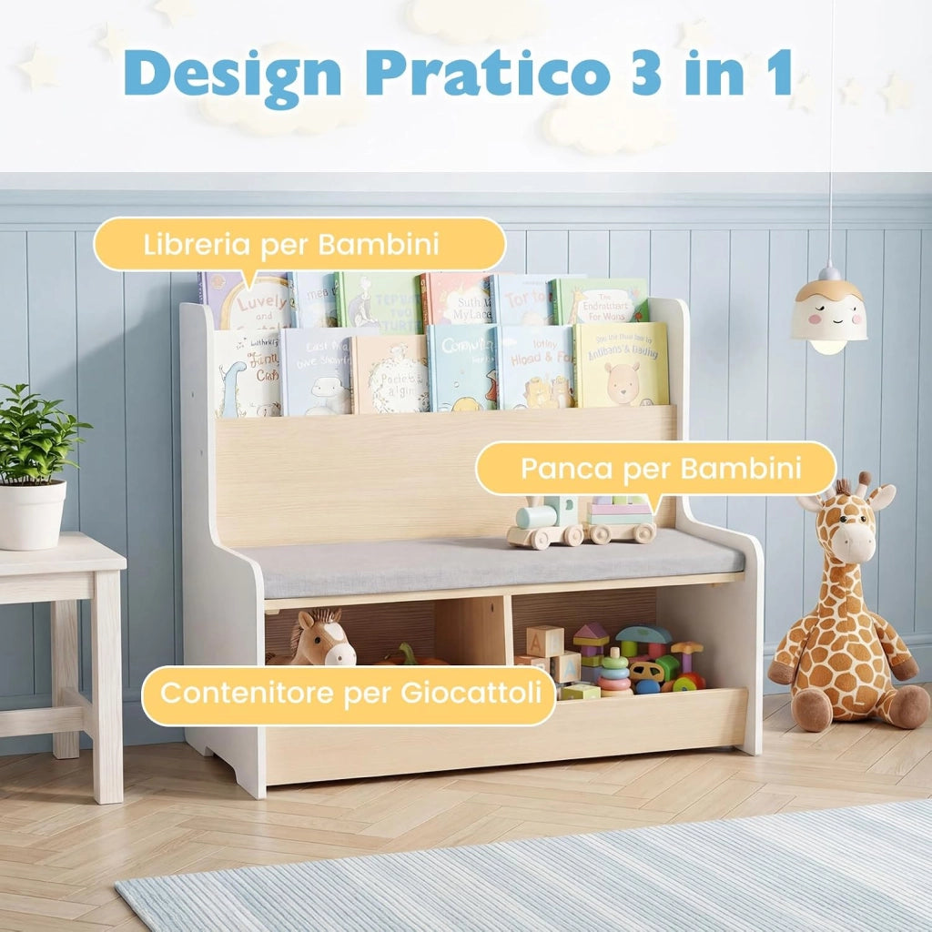 Libreria Montessoriana Salvaspazio per Bambini con Panchina Bianco | Porta Libri Bambini con Portariviste a 2 Ripiani, 2 Scomparti Aperti e Cuscino Seduta Rimovibile per Cameretta