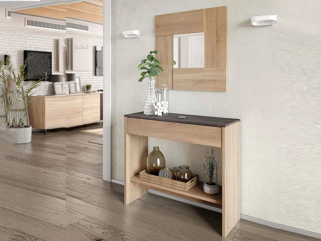 Alwin, Mobile da Ingresso Specchio Incluso, 92x33x79h cm Marrone Rovere