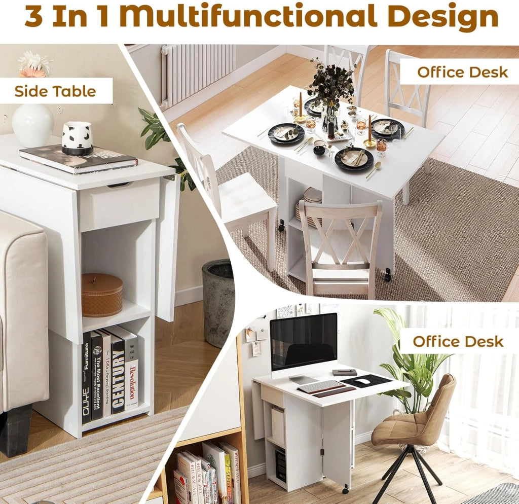 Tavolo da Cucina Pieghevole Mobile con 2 Ruote, 1 Cassetto e 2 Ripiani in Legno