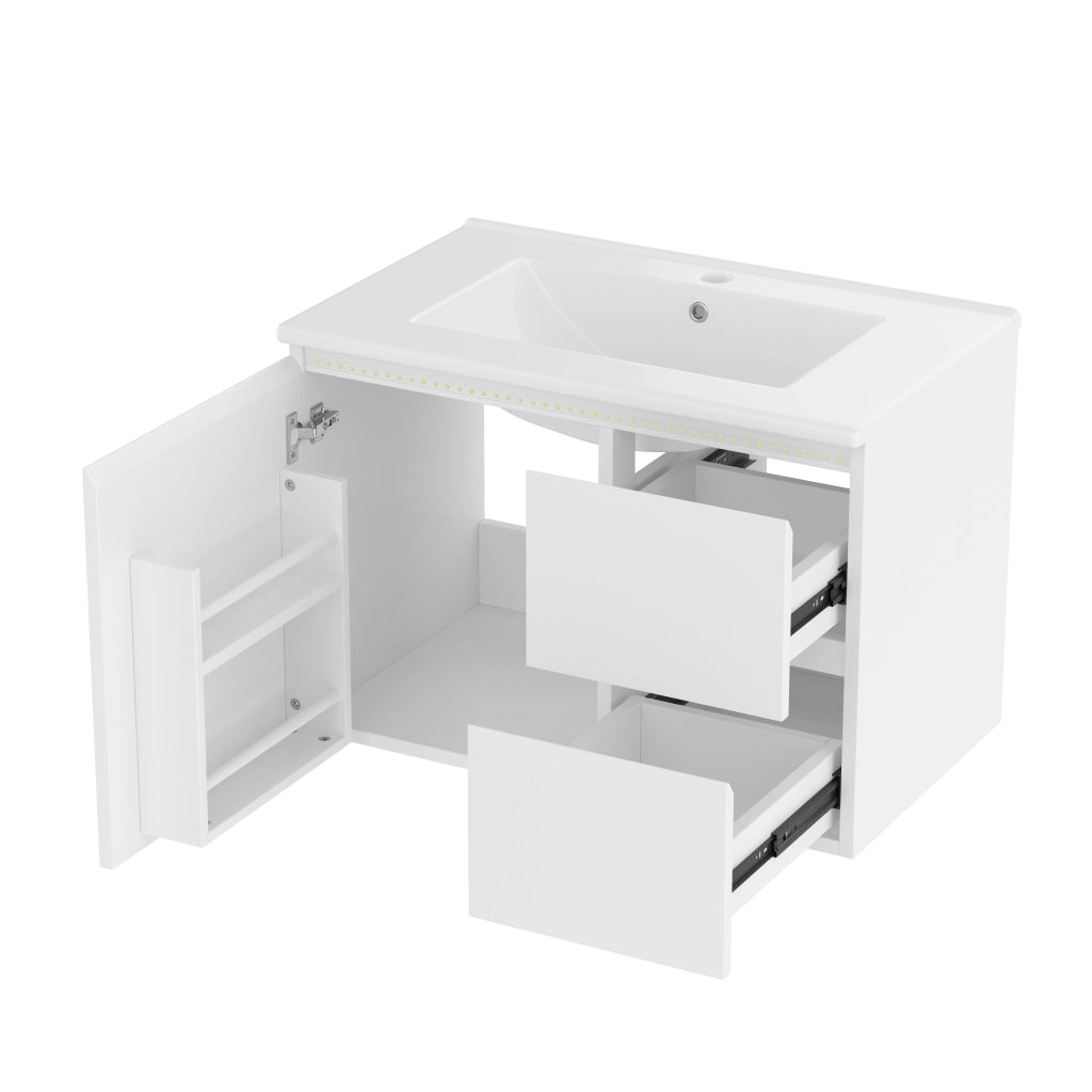 Mobile bagno sospeso 76x46x50 cm con lavabo in ceramica, 2 cassetti, illuminazione LED a sensore radar, bianco