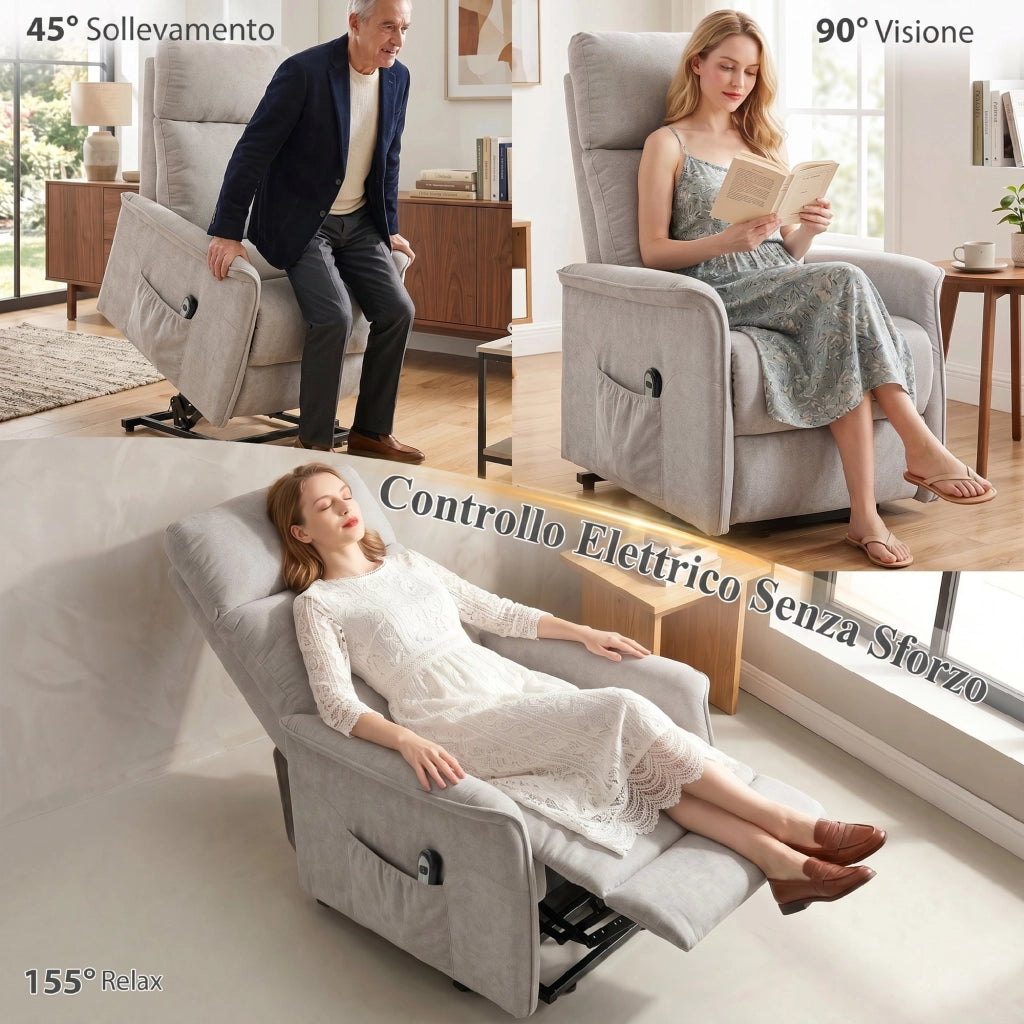 Poltrona Elettrica Alzapersona Reclinabile 69x91x106 cm con Schienale Alto e Telecomando in Ciniglia Grigio Chiaro