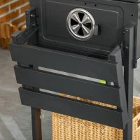 Barbecue a Carbone con Coperchio con Termometro, Griglia Regolabile, Ruote e Tavolini, Nero