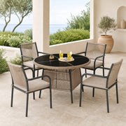 Set da giardino 5 pezzi con tavolo rotondo in vetro temperato e sedie in ferro; grigio