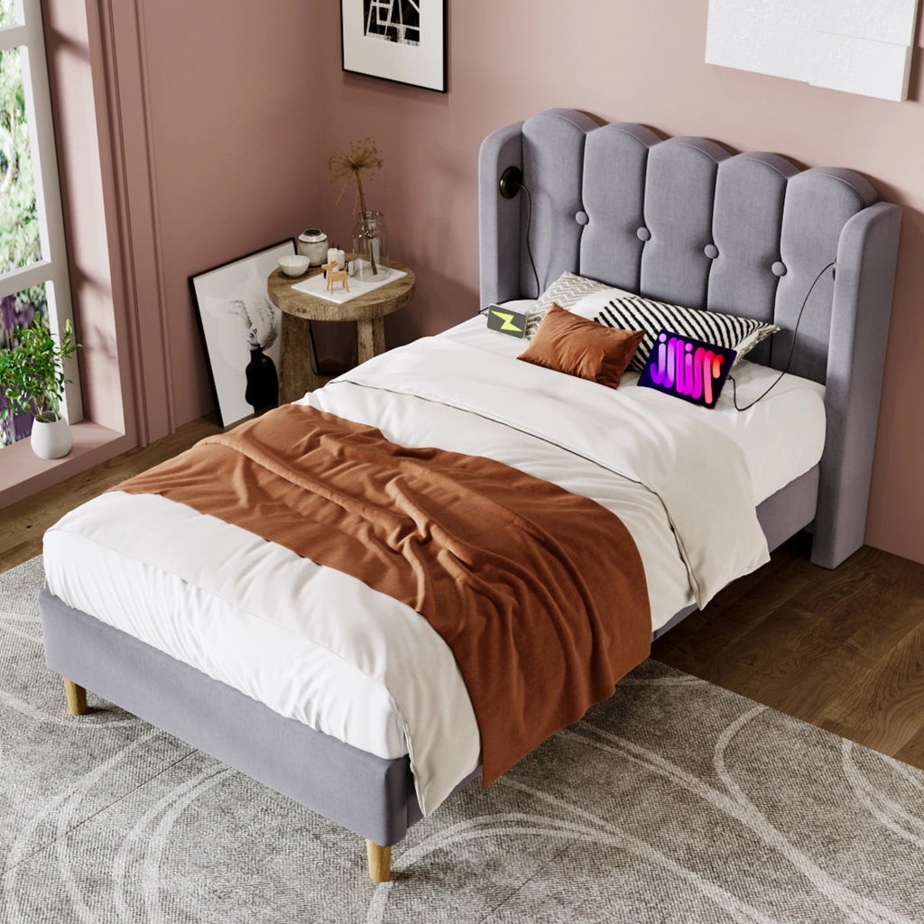 Letto imbottito matrimoniale 90x200 cm con USB e Tipo C, struttura con testiera in tessuto grigio