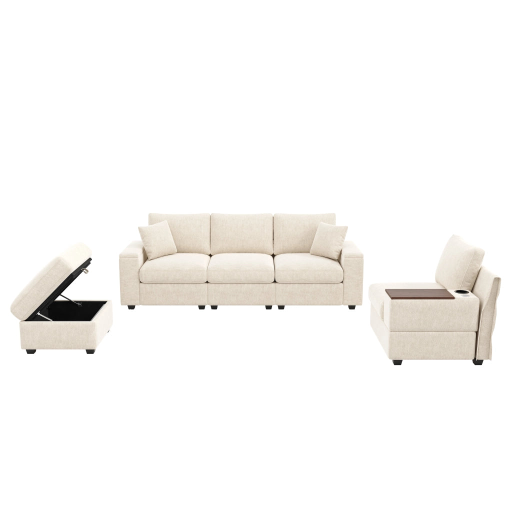 Divano modulare 5 posti - con contenitore; USB e tavolino girevole - chenille beige