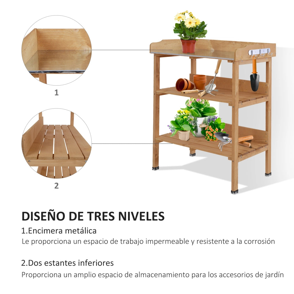 Tavolo da Giardinaggio in Legno ¨C Xylo ¨C Piano Metallo Ripiani Ganci 76x37x89 cm Naturale