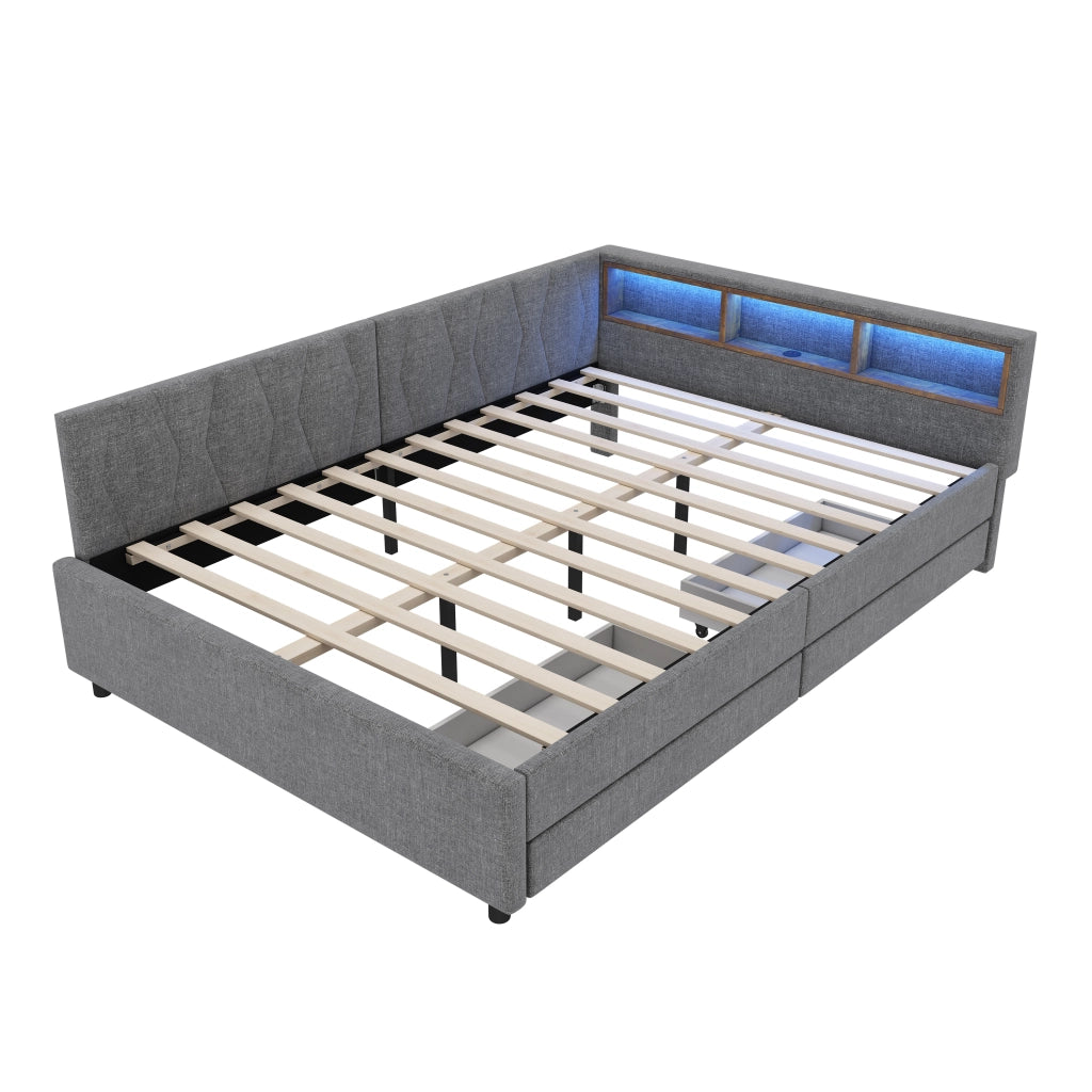 Divano letto con 2 cassetti; porte USB e Tipo-C; LED ambientali e doghe; lino grigio; 140x200 cm; senza materasso