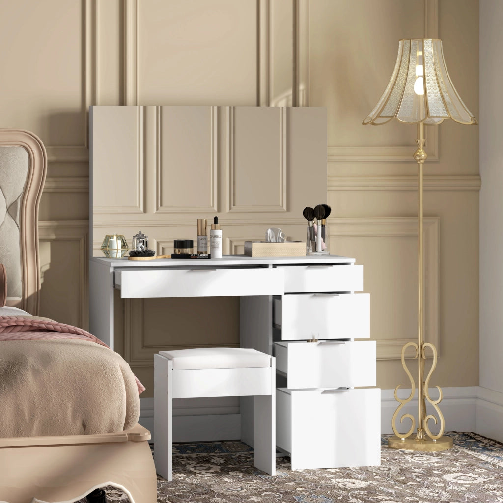 Consolle Trucco con Specchio 5 Cassetti e Sgabello 97,2x44,5x136,5 cm Bianco