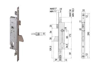 SERRATURA TRIPLICE DA INFILARE PER MONTANTI CON CATEN. E SCROCCO 46225  mm.30 (46225300)    CISA