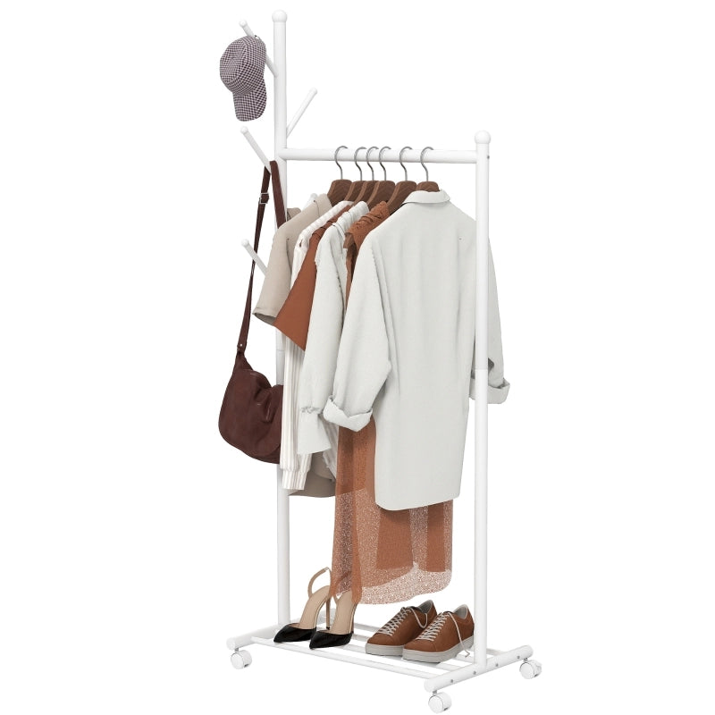 PORTA ABITI Mobile 68x43x171 cm Metallo Bianco con 5 Ganci e scarpiera