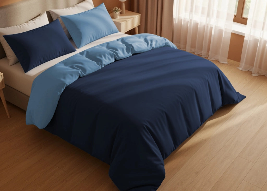 Copripiumino Tinta Unita Bicolor 100% Puro Cotone Made In Italy Doubleface CN - Matrimoniale - Blu-Azzurro