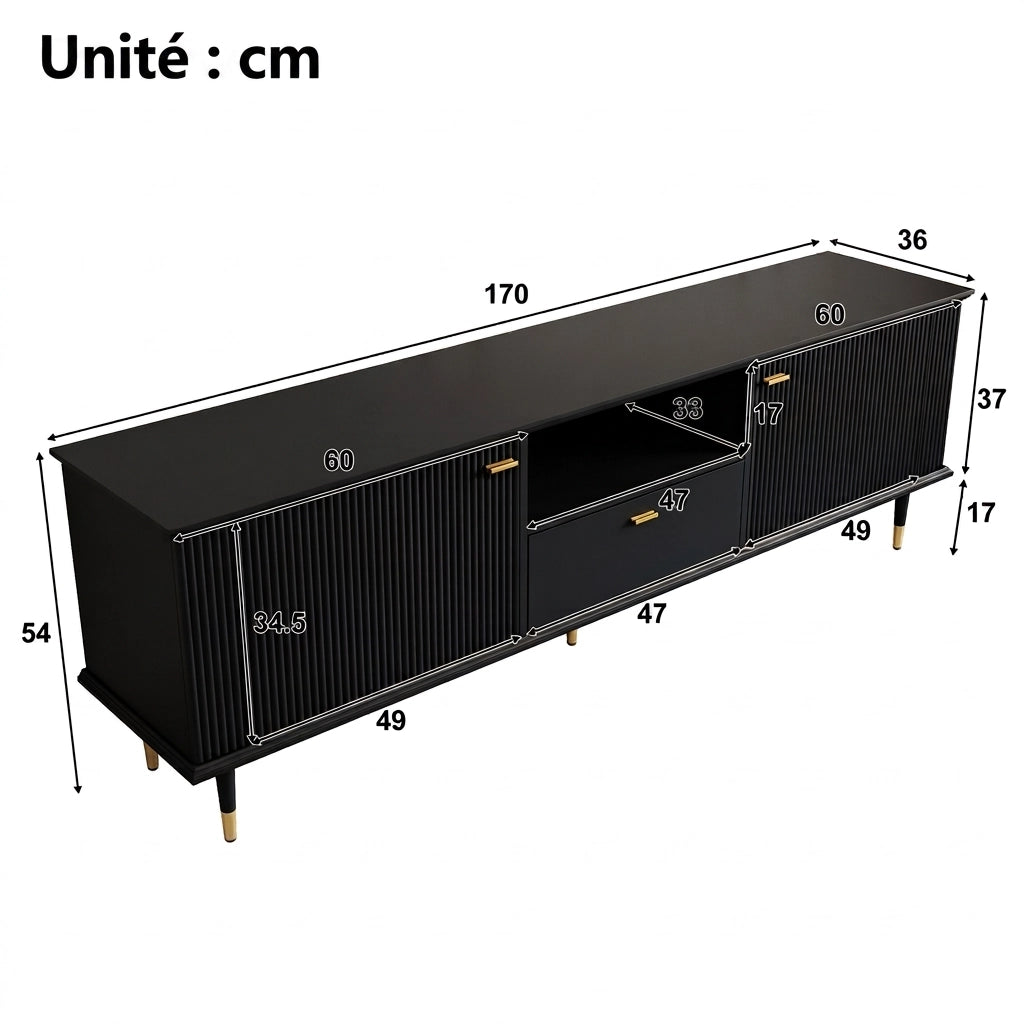 Mobile porta tv nero con 2 ante e cassetto; mobile tv 170 cm moderno nero e oro in MDF