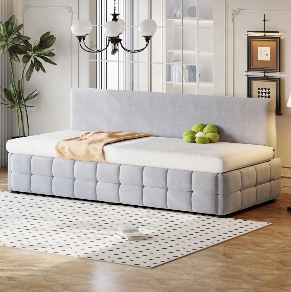 Letto singolo imbottito 90x200 cm con vano contenitore, grigio chiaro