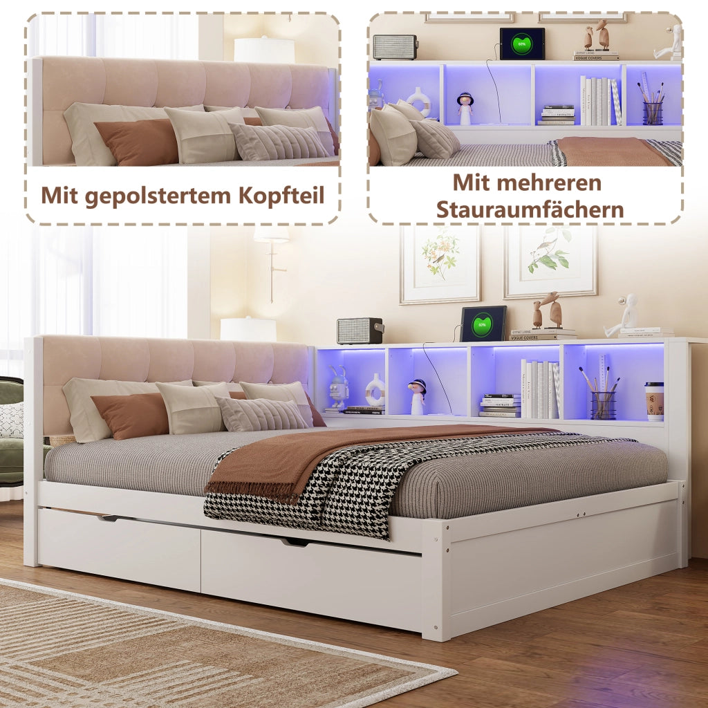 LETTO 140x200 cm con cassetti, ripiano, USB e LED, Legno di pino/MDF Bianco