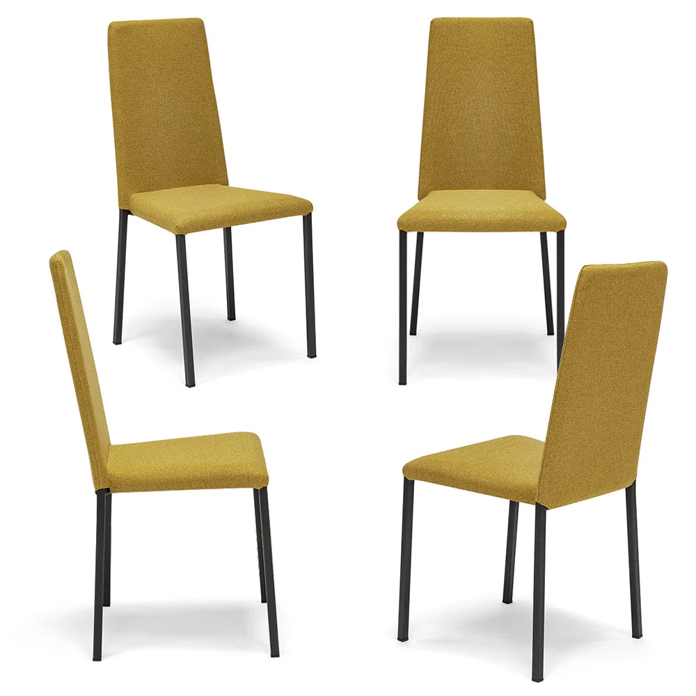 Set 4 sedie imbottita modello BETTY STYLE per interni, design moderno, gambe quadre in metallo, schienale e seduta rivestiti con tessuto morbido al tatto Senape