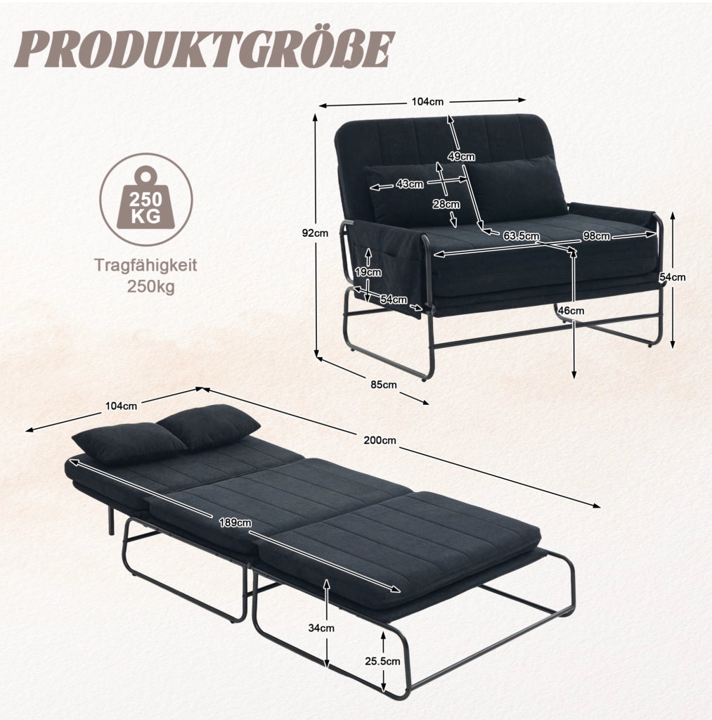 Divano letto a 2 posti convertibile in chenille nero con struttura in metallo; 104x85x92 cm