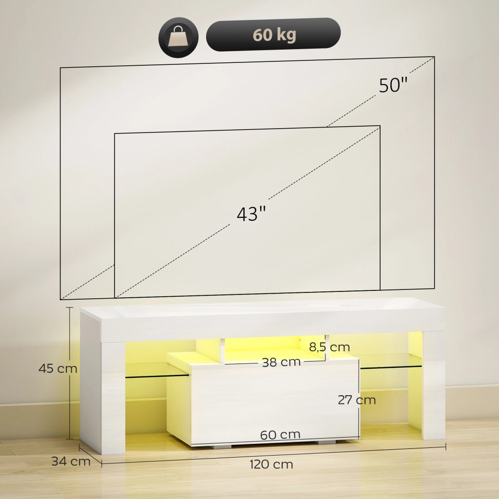 Mobile TV con illuminazione LED, ripiani in vetro temperato, bianco ¨C zephmum ¨C 120x34x45