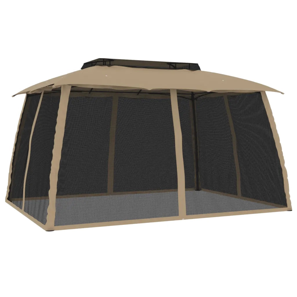 Gazebo | Pergolato con Tetto Doppio/Pareti Rete Tortora 3,93x2,93 m Acciaio