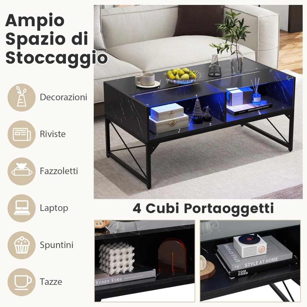 COSTWAY Tavolino da Salotto, Tavolino da Caffè da in Vetro e Legno con Luce LED Multicolore Regolabile a Telecomando e Ripiani, Tavolino per Soggiorno e Ufficio, 105 x 55 x 50 cm (Nero)