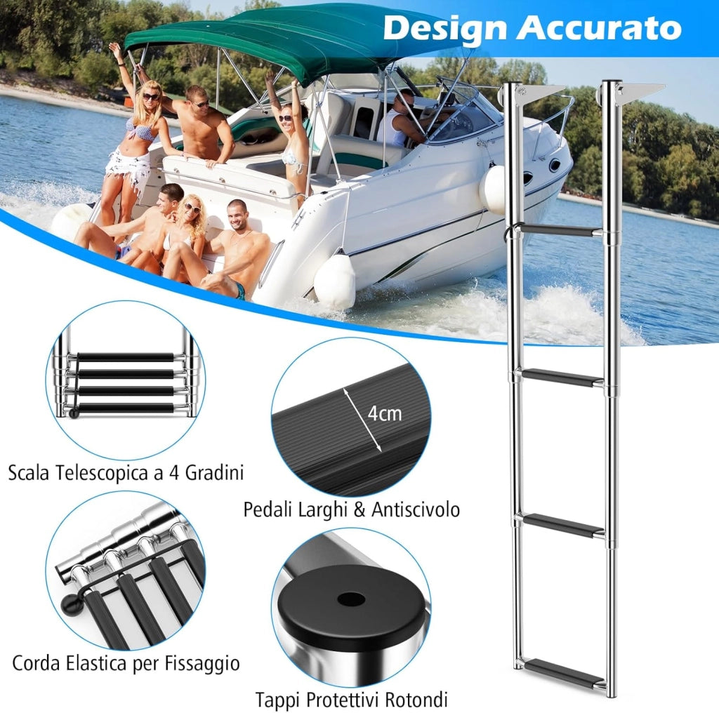 Scala Telescopica per Barca a 4 Gradini, Scala Pieghevole Estendibile con Gradini Antiscivolo, Scala in Acciaio Inox Resistente per Piscina, Carico 227 kg