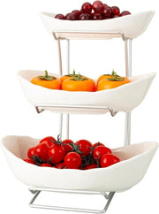 Sottopiano frutta - 3 strati di ceramica con supporto metallico, bianco - per snack, noci, dolci, torte e verdure